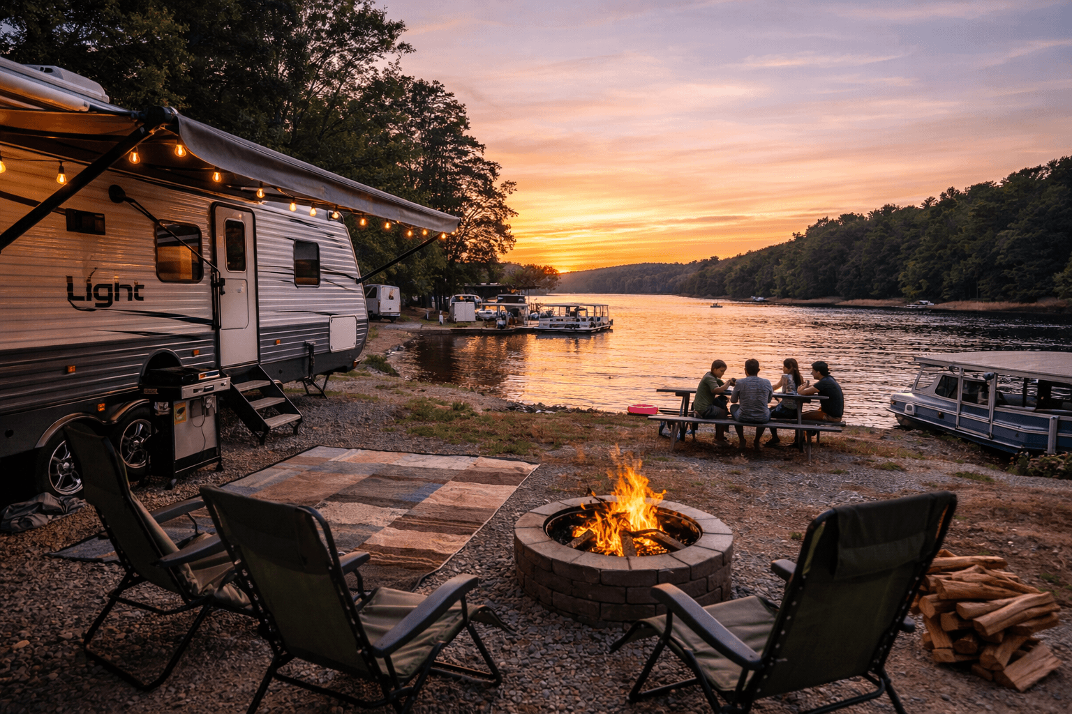 A serene moment of people enjoying a campfire by a river