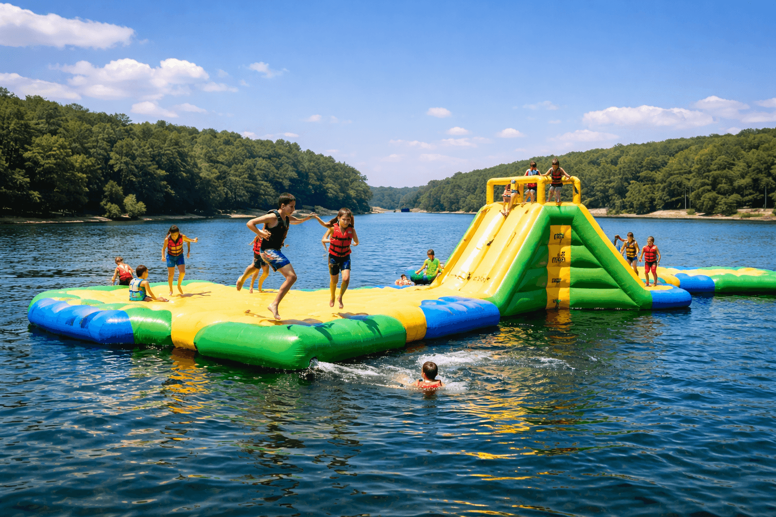 A lively scene at a lake, where a group of people are enjoying a water slide