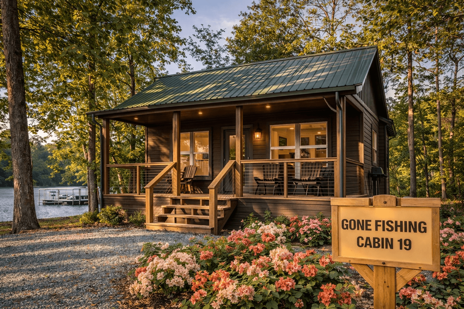 A serene scene of a wooden cabin nestled in a forested area