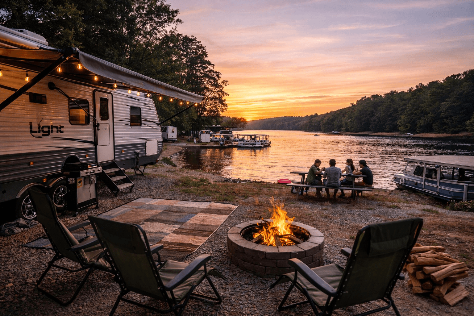 A serene moment of people enjoying a campfire by a river