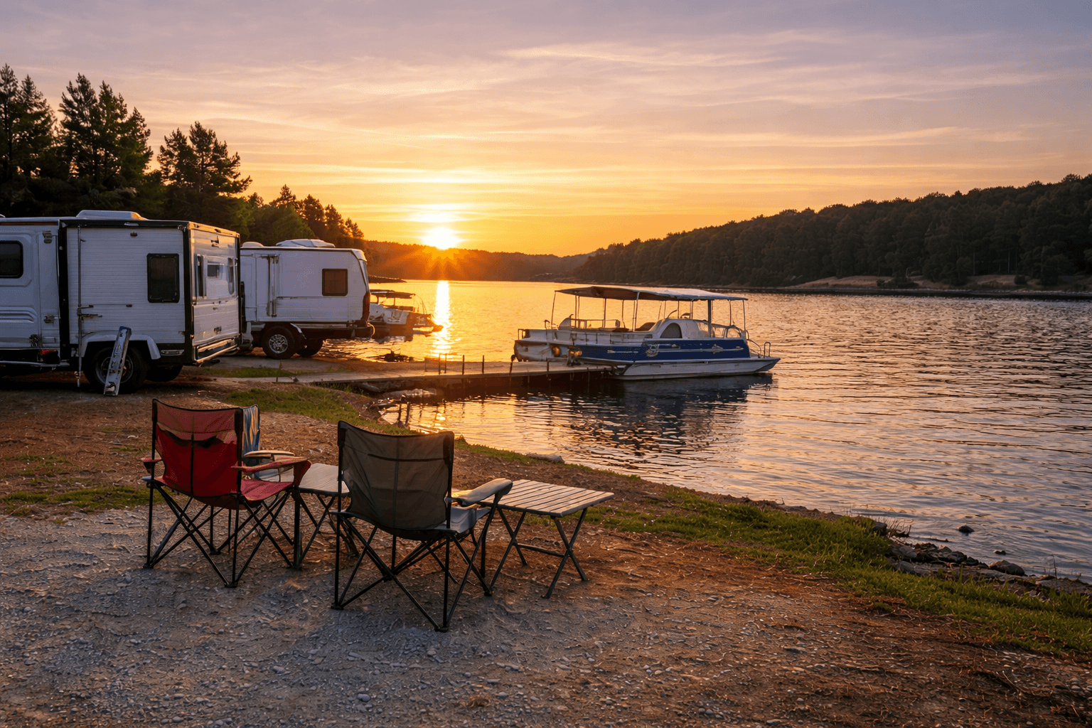 A serene moment at sunset, with a group of people gathered on a wooden deck by a lake