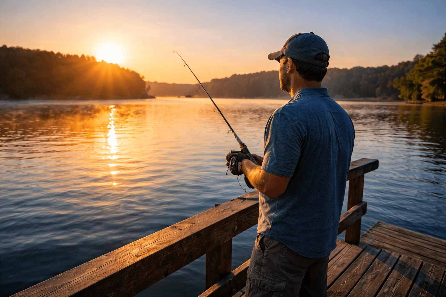 A serene moment of a man fishing on a wooden pier during sunset