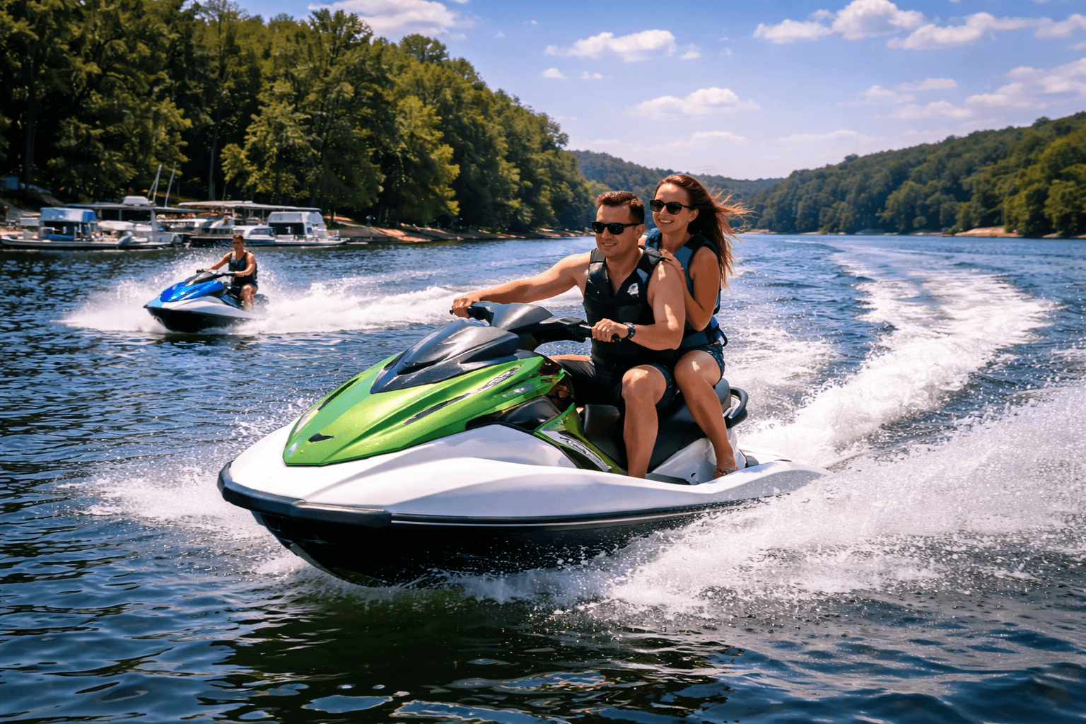 A lively scene of two individuals enjoying a day of water sports on a lake