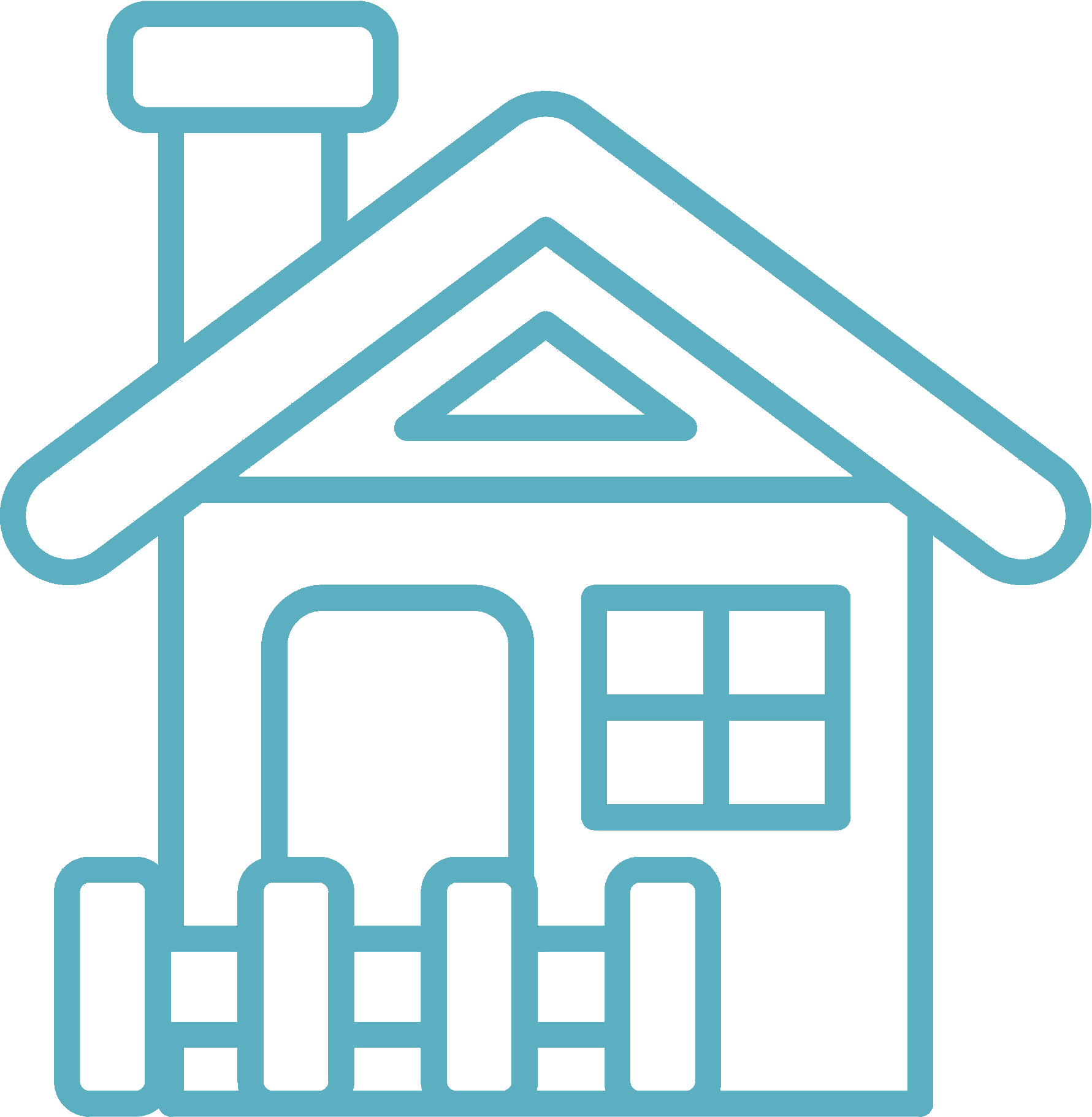 A house with a chimney, a porch, and a chimney stack