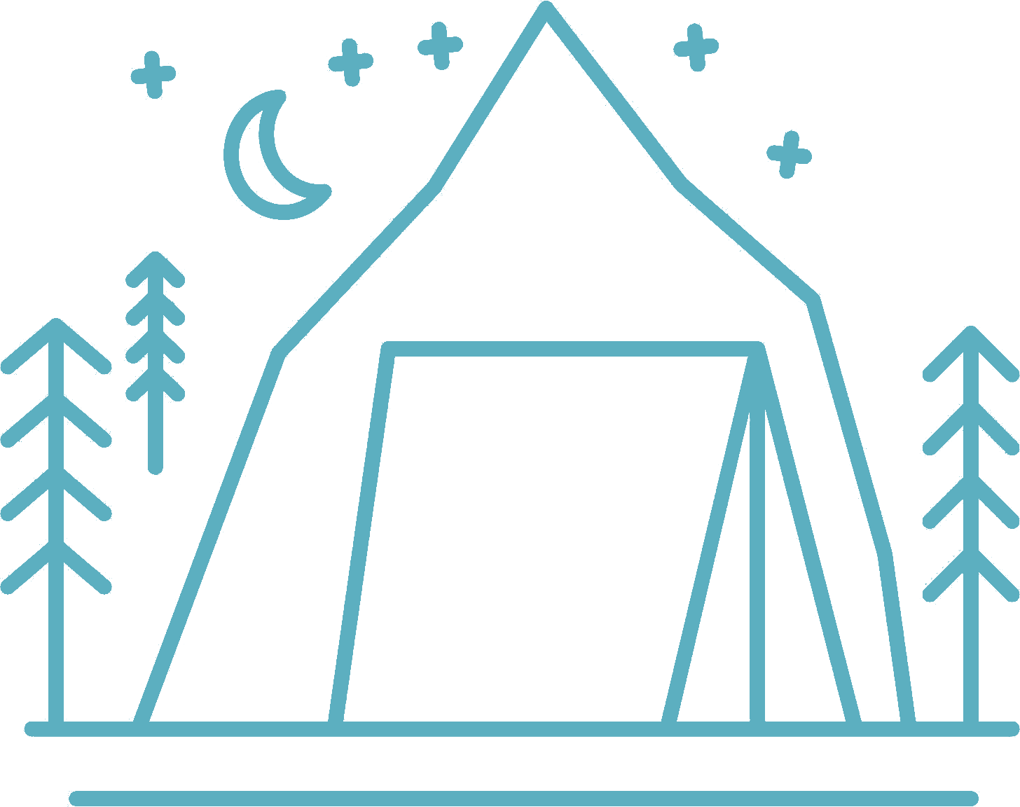 A campsite with a tent, surrounded by trees and a crescent moon