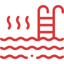 A red and white image of a ladder in the water