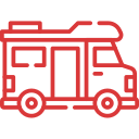 A red and black image of a truck with a flatbed