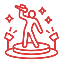 A red and white drawing of a person holding a microphone